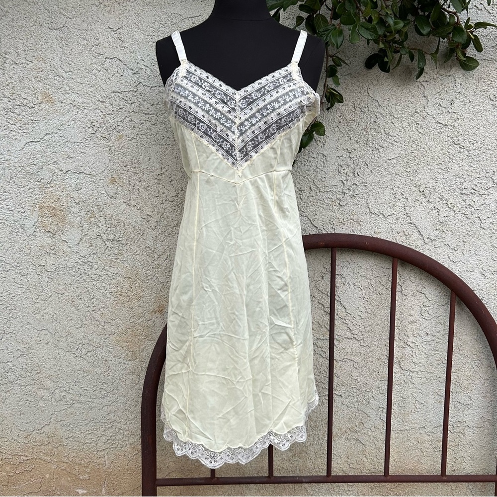 Vintage Yellow Floral Lace Slip Midi Dress, Boho Cottagecore Prairie Lingerie